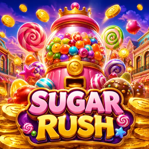 Card do slot Sugar Rush com blocos de doces e multiplicadores